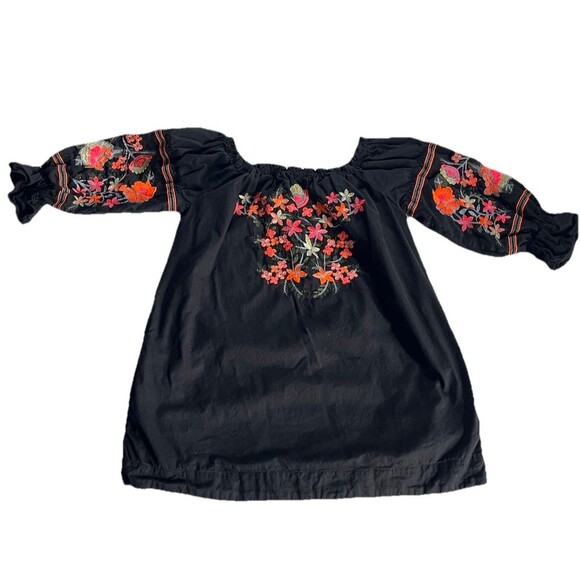 Black Boho Colorful Embroidered Tunic Mini Dress Size Medium Peasant Resort - Picture 3 of 9